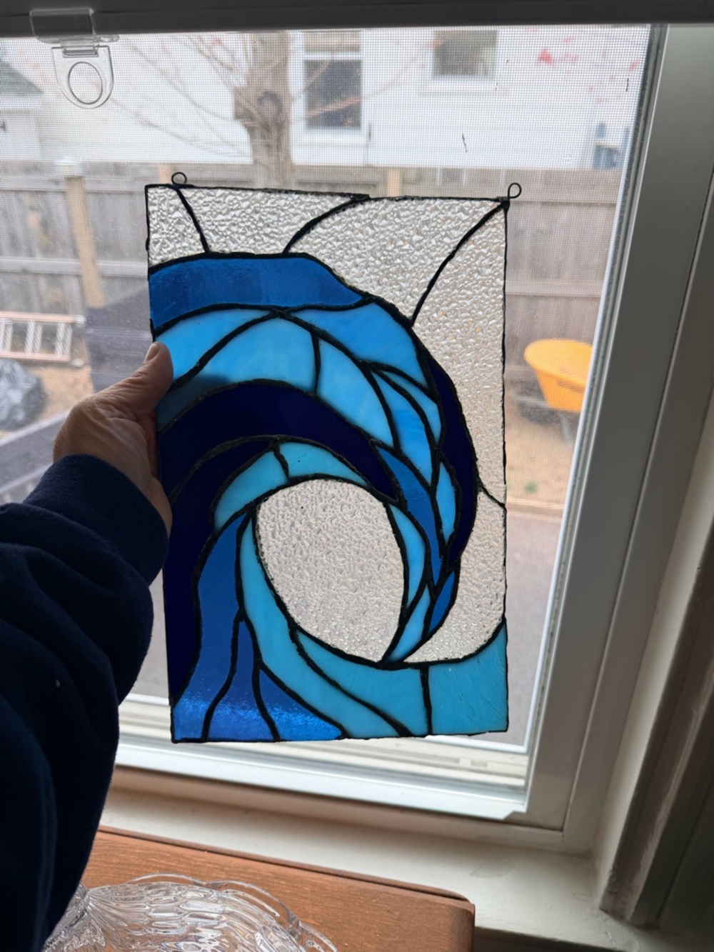 Blue Wave Stained Glass Panel - Home Art Decorative Window Accent